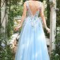 A Line Deep V Neck Light Blue Long Prom Dresses with Appliques