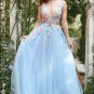 A Line Deep V Neck Light Blue Long Prom Dresses with Appliques