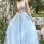 A Line Deep V Neck Light Blue Long Prom Dresses with Appliques