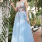 A Line Deep V Neck Light Blue Long Prom Dresses with Appliques