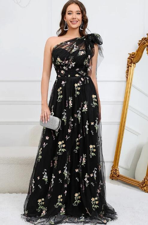 A-Line One Shoulder Black Long Prom Dress With Embroidery