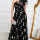 A-Line One Shoulder Black Long Prom Dress With Embroidery