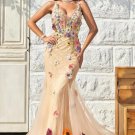 Mermaid Deep V Neck Champagne Long Prom Dress with Criss Cross Back