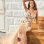 Mermaid Deep V Neck Champagne Long Prom Dress with Criss Cross Back