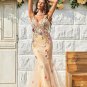 Mermaid Deep V Neck Champagne Long Prom Dress with Criss Cross Back