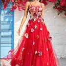 A Line Spaghetti Straps Burgundy Long Prom Dress with Appliques