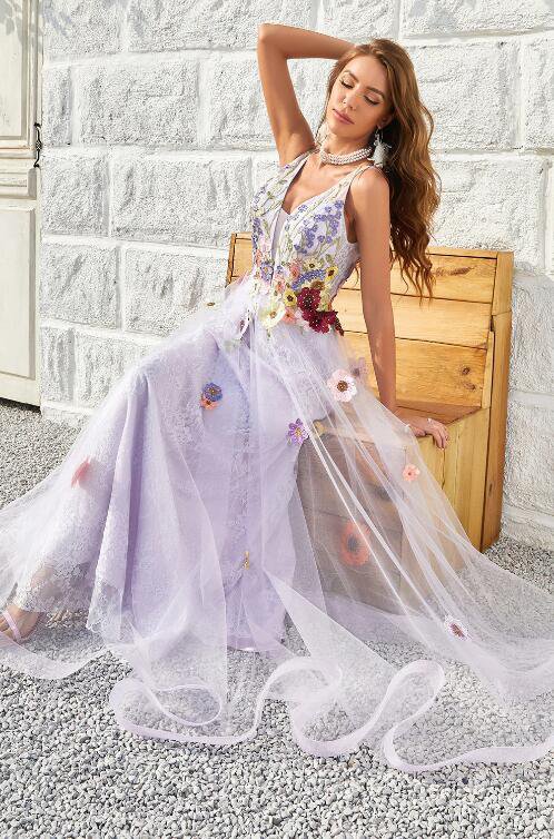 A Line Deep V Neck Lavender Long Prom Dress with Open Back