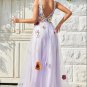 A Line Deep V Neck Lavender Long Prom Dress with Open Back
