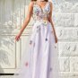 A Line Deep V Neck Lavender Long Prom Dress with Open Back