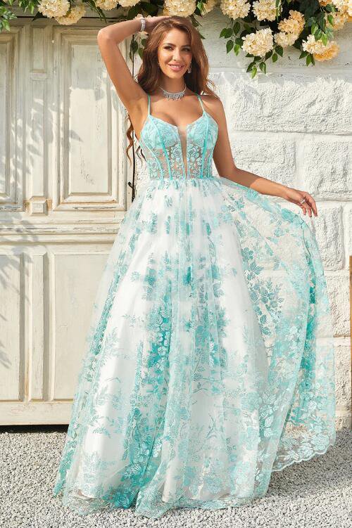 A Line Spaghetti Straps Green Corset Prom Dress with Criss Cross Back
