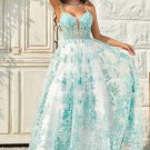 A Line Spaghetti Straps Green Corset Prom Dress with Criss Cross Back