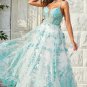 A Line Spaghetti Straps Green Corset Prom Dress with Criss Cross Back