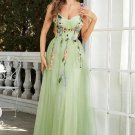 Green Spaghetti Straps Prom Dress With 3D Flowers