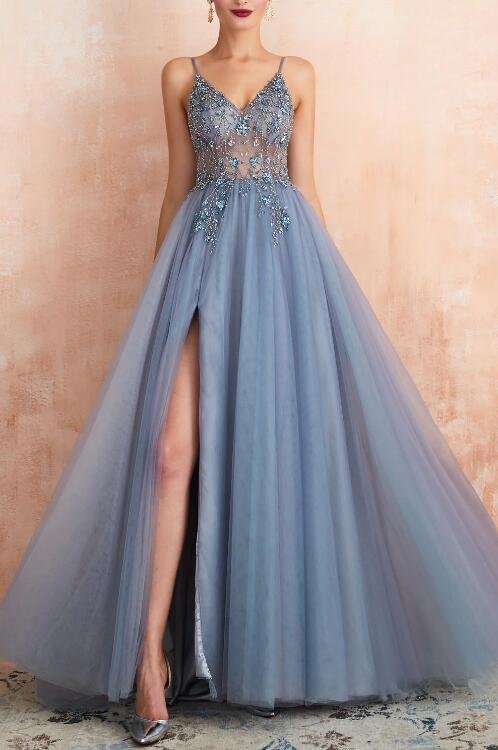 V-neck Slit Tulle Dress