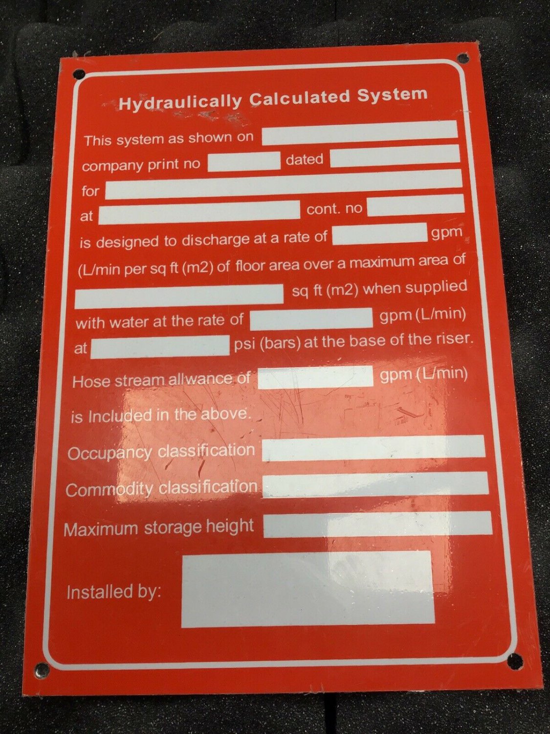 Hydraulic Calculation System (NFPA) 5" x 7" Automatic Sprinkler System sign