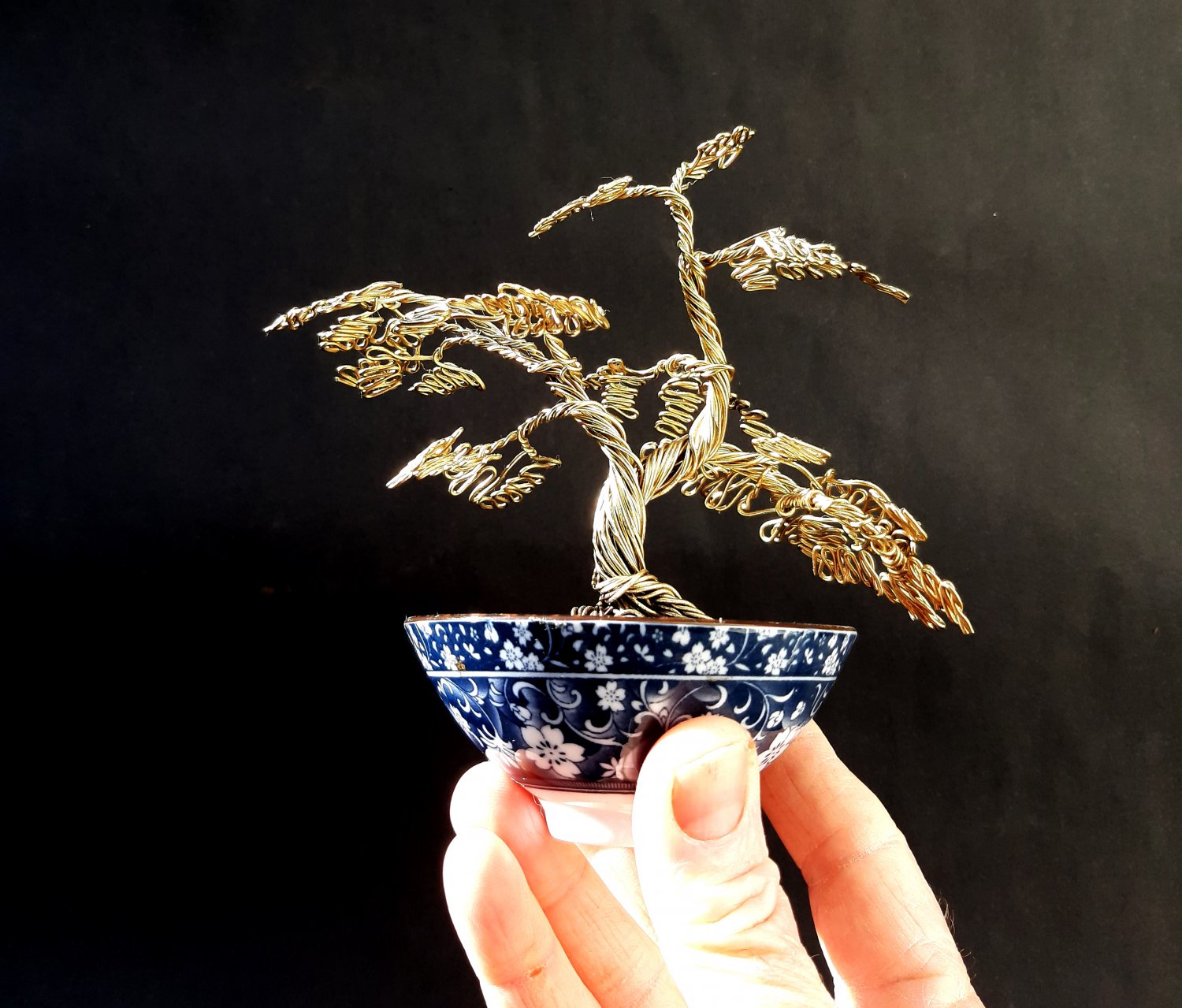 Wire Bonsai Tree Art Sculpture With a Japanese porcelain bowl