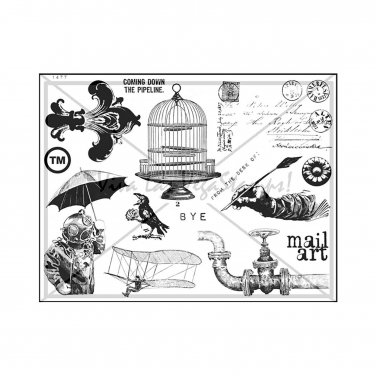 Unmounted/Uncut Rubber Stamp Sheet, Birdcage, Diver, Pipe, Steampunk, Postcard