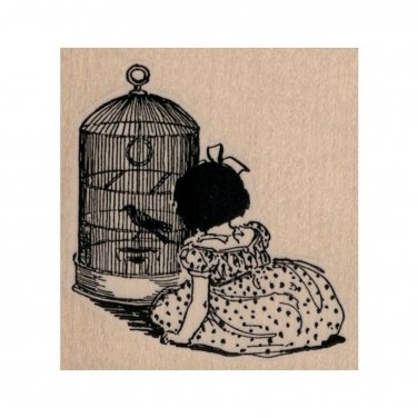 NEW Girl With Bird Cage RUBBER STAMP, Bird Cage Stamp, Child Stamp, Victorian