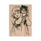 New Girl With Kitten RUBBER STAMP, Child Stamp, Kid Stamp, Kitten Stamp, Cat