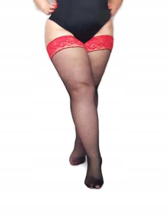 fishnet Hold-Ups Stockings 7 XXXXL PLUS SIZE black and red lace