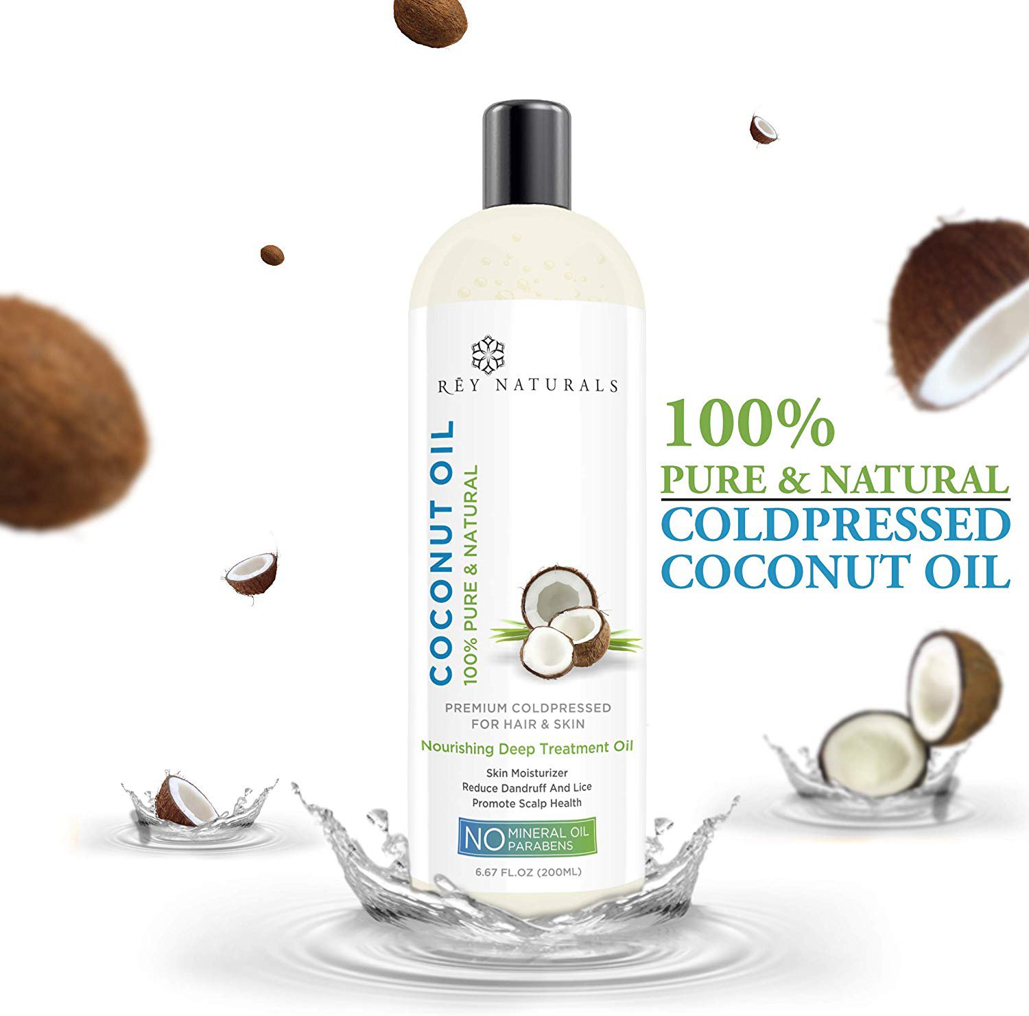 Rey Naturals Cold Pressed Coconut oil for hair and skin-100% Pure&Natural, 200 ml