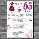 65th Birthday What's in your phone game,Adult Birthday Game,Girls Birthday Game,INSTANT DOWNLOAD-14