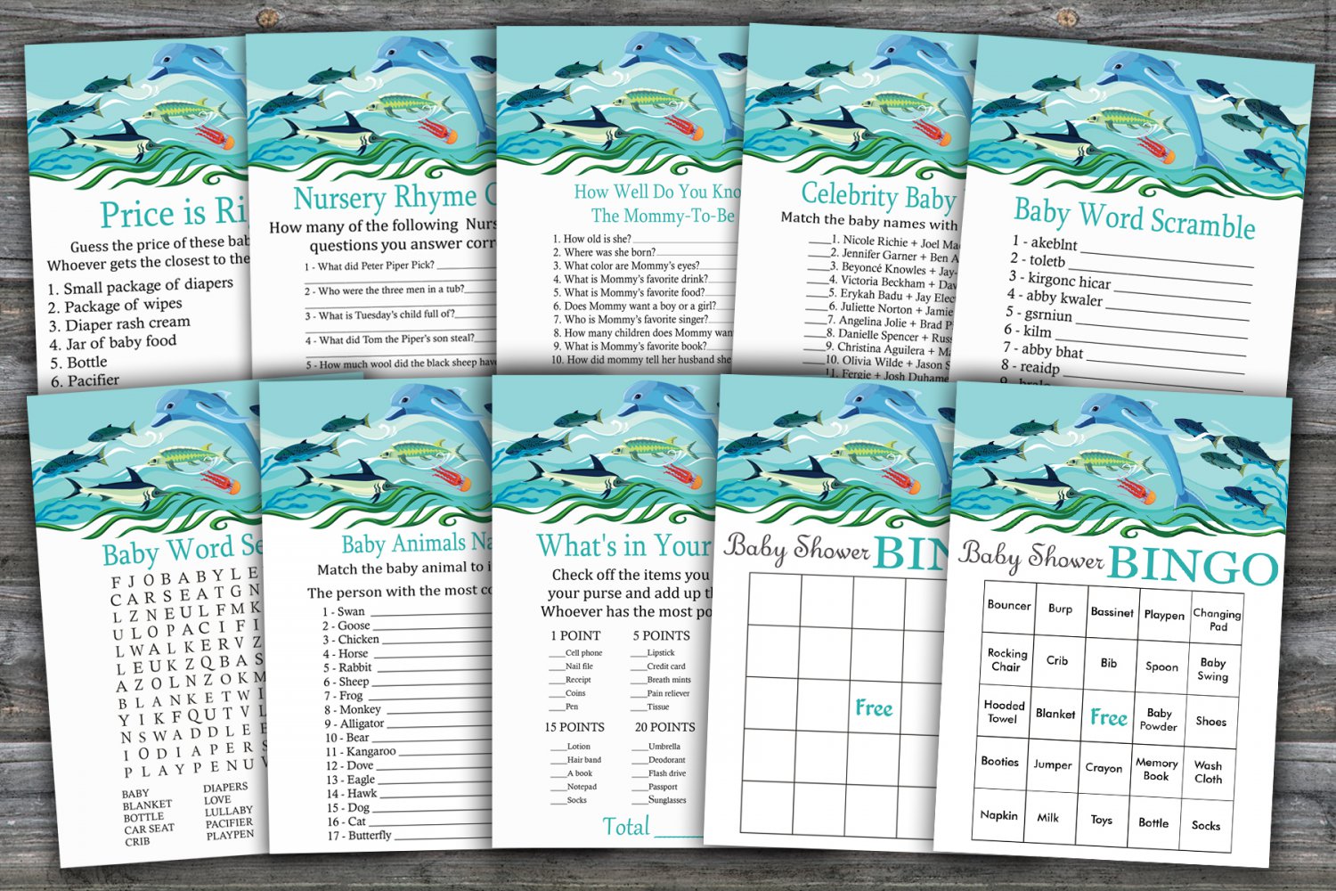 Under the sea baby shower games package,nautical baby shower games pack