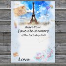 Paris Eiffel Tower Favorite Memory of the Birthday Girl,Adult Birthday Game,INSTANT DOWNLOAD--35