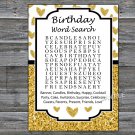 Gold glitter heart birthday word search game,Adult Birthday Game,INSTANT DOWNLOAD--26