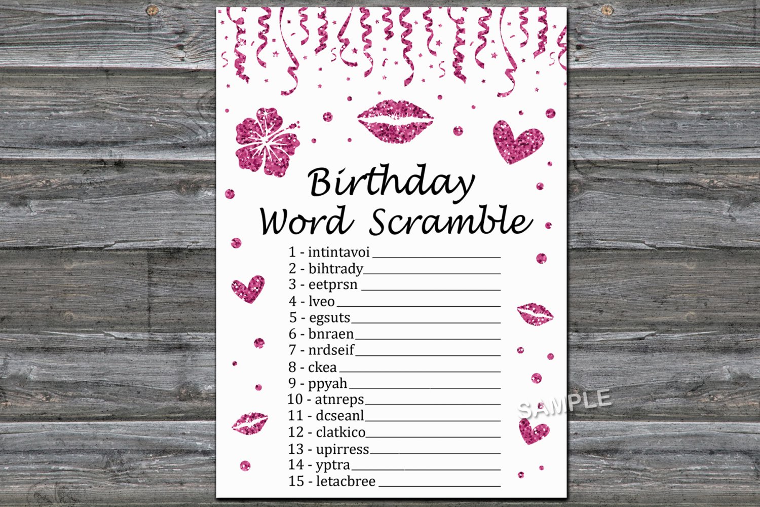 Pink glitter BIRTHDAY WORD SCRAMBLE Game,Adult Birthday Game,INSTANT ...