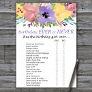 Watercolor flowers Birthday ever or never game,Adult Birthday Game,INSTANT DOWNLOAD--3