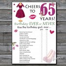 65th Birthday, Birthday ever or never game,Adult Birthday Game,INSTANT DOWNLOAD--14