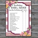 Pink Striped Birthday ever or never game,Adult Birthday Game,INSTANT DOWNLOAD--40