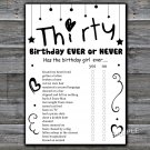 Thirty Birthday ever or never game,Adult Birthday Game,INSTANT DOWNLOAD--41