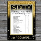 Sixty Birthday ever or never game,Adult Birthday Game,INSTANT DOWNLOAD--42