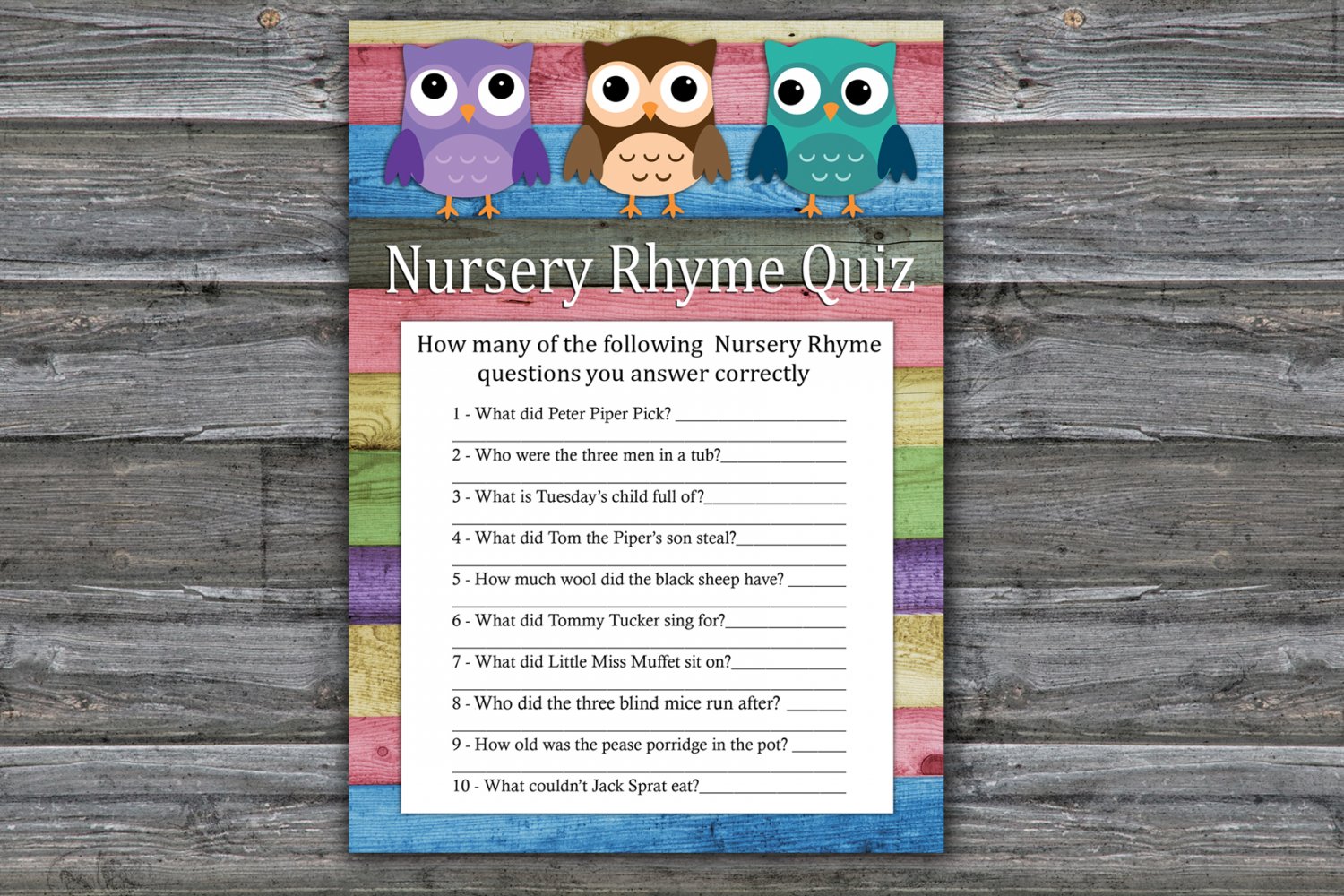 Owl Nursery Rhyme Quiz Game,Owl Baby shower games,Woodland baby shower ...