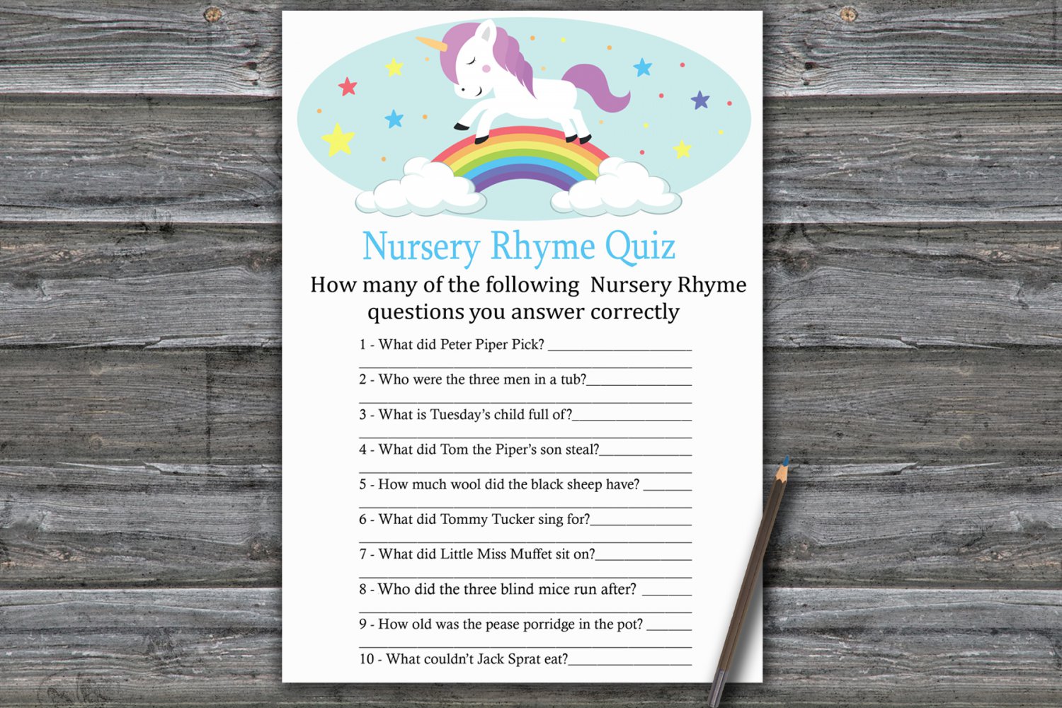 Unicorn Nursery Rhyme Quiz Game,Unicorn Baby shower games,Rainbow baby ...