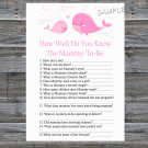 Pink Whale How well do you know baby shower game,Pink Whale Baby shower games,INSTANT DOWNLOAD--204