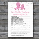 Pink Octopus How well do you know baby shower game,Octopus Baby shower games,INSTANT DOWNLOAD--192