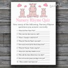Hippo Nursery Rhyme Quiz baby shower game,Pink Hippo Baby shower games,INSTANT DOWNLOAD--184