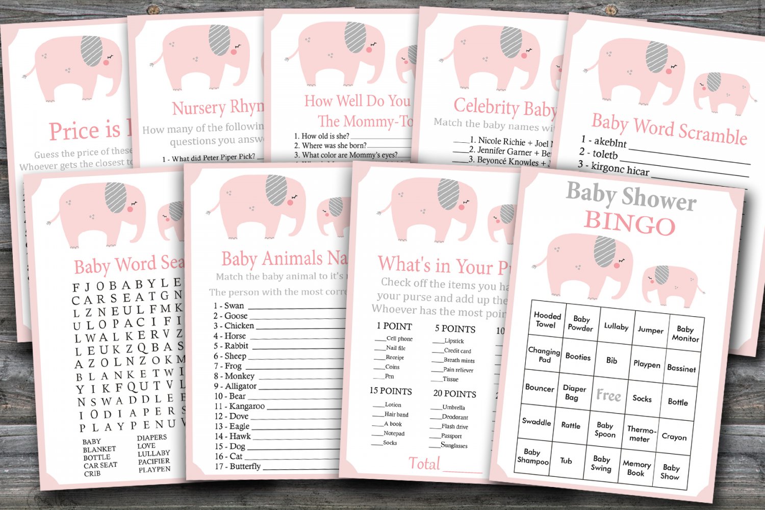 Pink Elephant baby shower games package,Elephant baby shower games pack