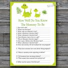 Green dinosaur How well do you know baby shower game,Dino Baby shower games,INSTANT DOWNLOAD--166