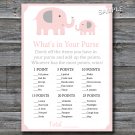 Elephant What's in your purse game,Pink Elephant Baby shower games,INSTANT DOWNLOAD--160