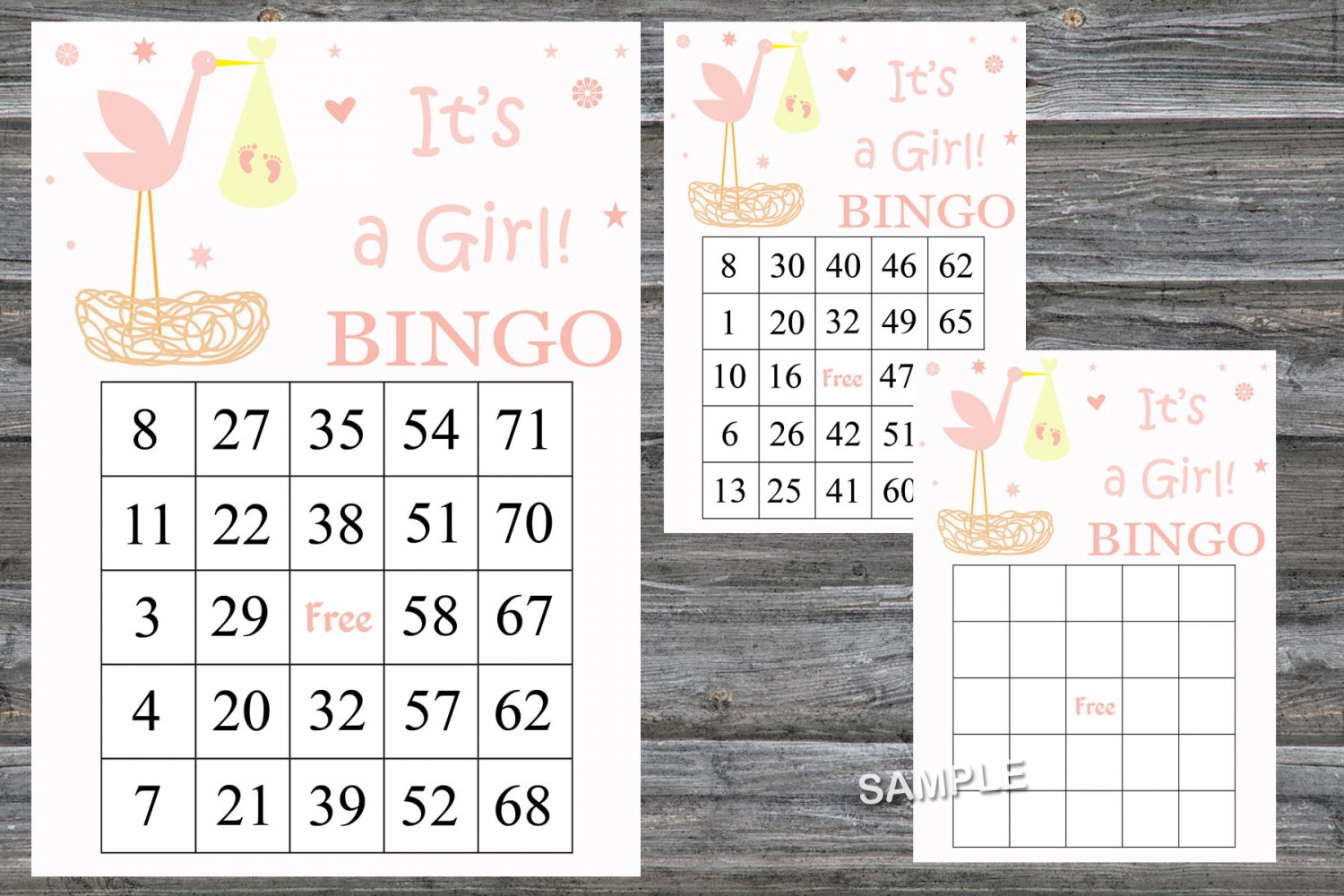 Pink Stork bingo game,Stork nest bingo card,60 Printable card,INSTANT DOWNLOAD--211