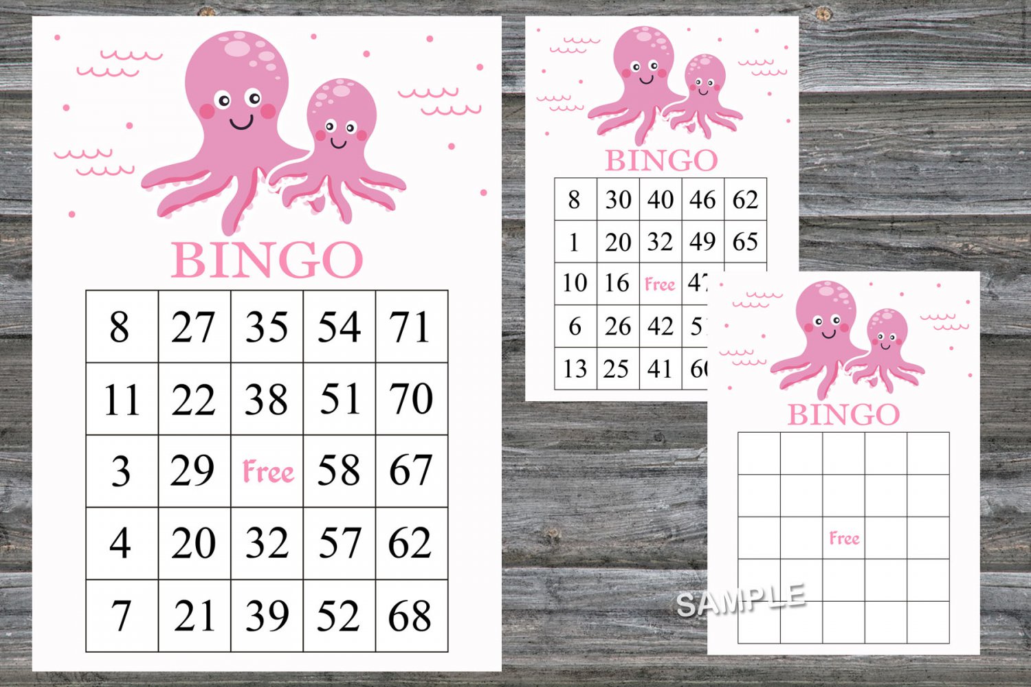 Pink Octopus bingo game,Octopus bingo card,60 Printable card,INSTANT DOWNLOAD--192