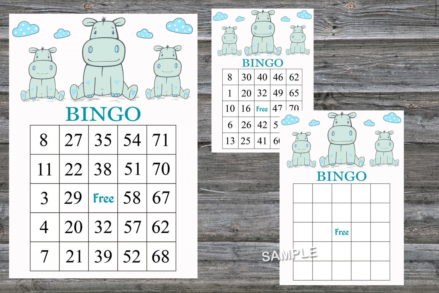 Blue hippo bingo game, hippo bingo card,60 Printable card,INSTANT DOWNLOAD--185