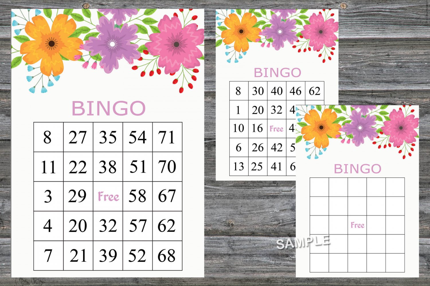 Flowers bingo game,Floral bingo card,60 Printable card,INSTANT DOWNLOAD--98