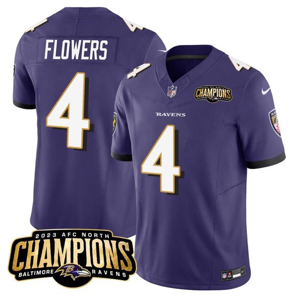 Men's Baltimore Ravens #4 Zay Flowers Purple 2023 Champions Vapor Limited Football Stitched Jersey