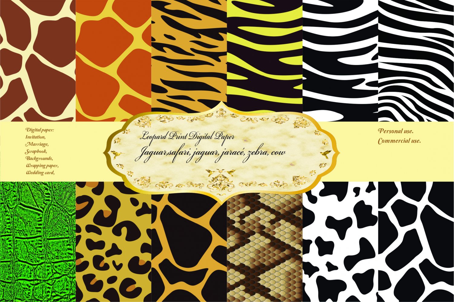 Leopard Print Digital Paper, Scrapbook, safari, jaguar, jarac&Atilde;&copy;, zebra, cow