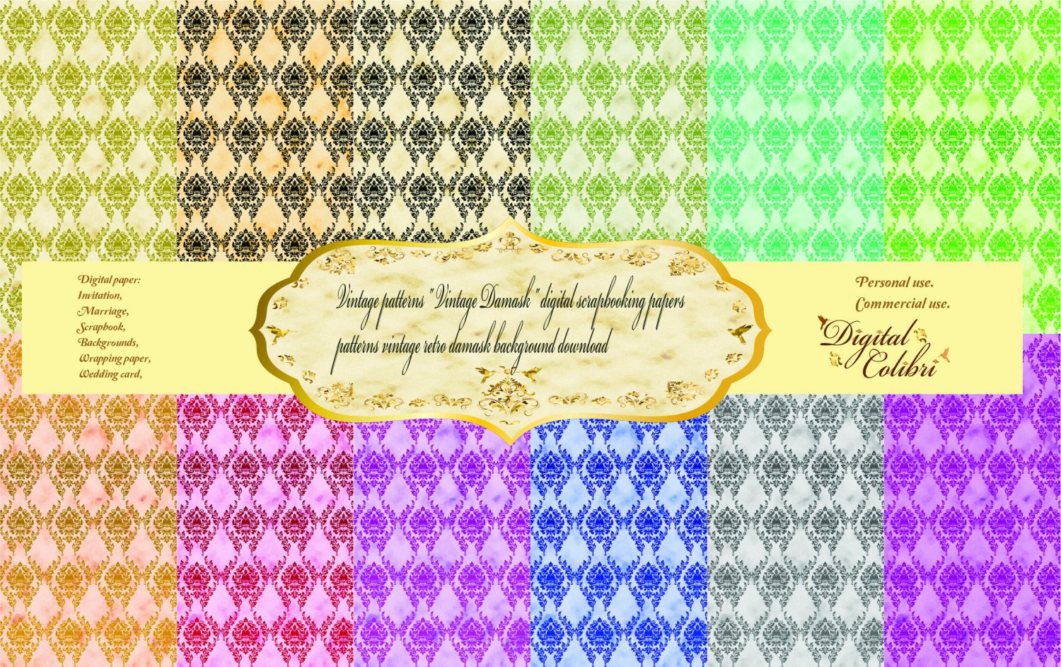 12 Patterns " Vintage Damask " digital scrapbooking damask background download